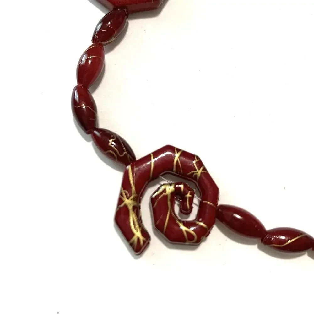 Vintage Acrylic Red Bead Necklace Deep Cherry Red w/ Swirls Gold Accents ~18